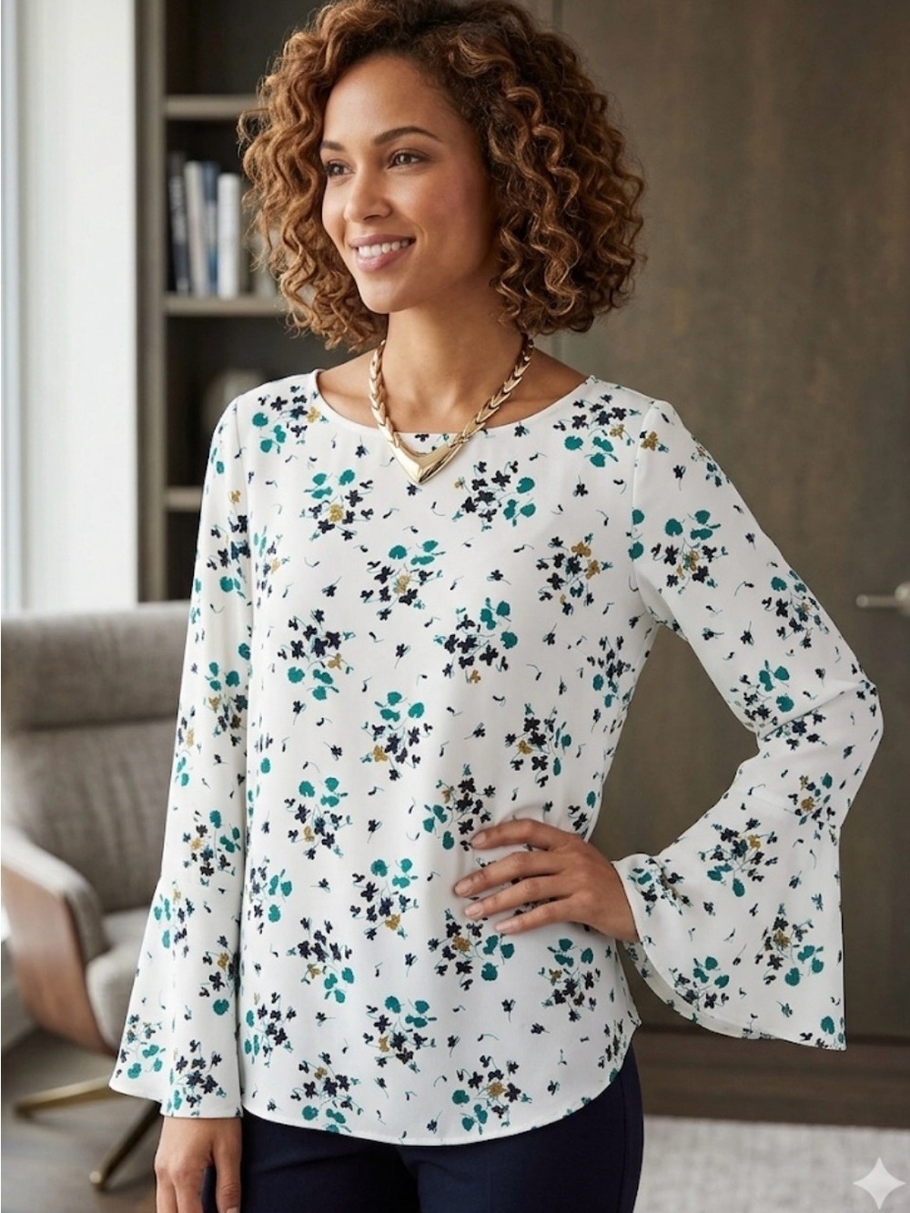Ann Taylor White Floral Bell-Sleeve Blouse size S